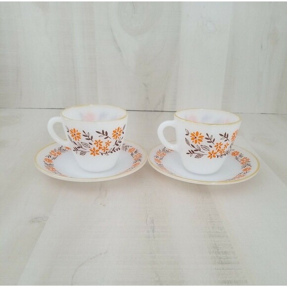 Vintage Crisa 2 Cups and Saucers set of 4 Brown leaves Orange flowers - Picture 2 of 4